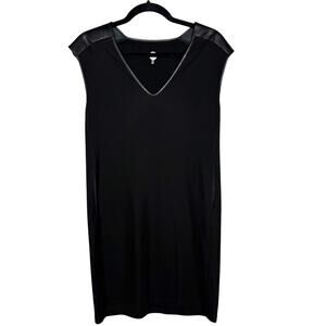 IAN R.N. Womens Small S Black Leather Shoulder V Neck Short Sleeve Dress Pockets